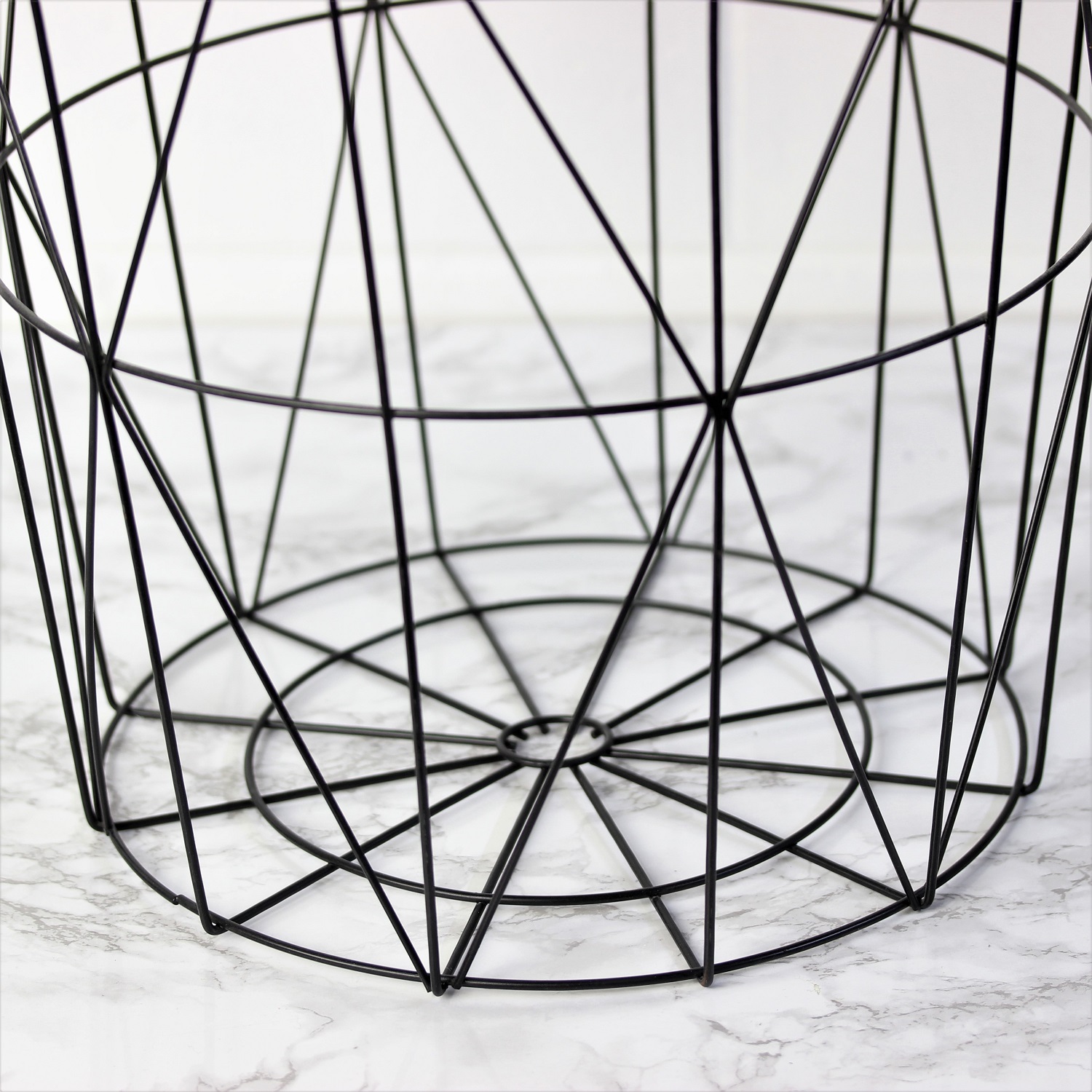 Black Metal Wire Round Side Table Marble Wood Top Storage Basket Home